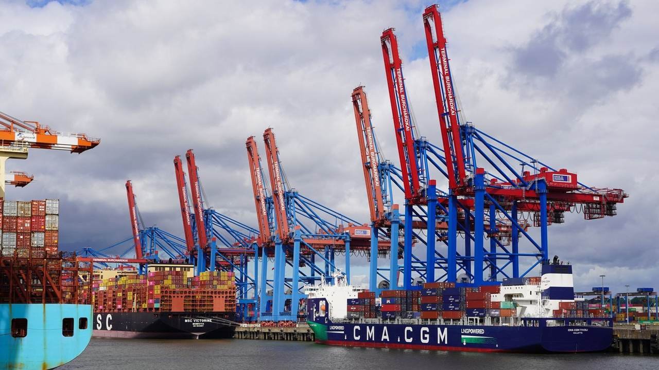 Portacontenedores y grúas en el puerto de Hamburgo